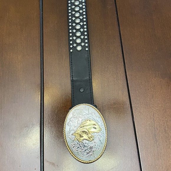 Ivan Silver Gold Engraved Horse Head Buckle Studded Tooled Rodeo Cowboy Belt 38 - Picture 5 of 12